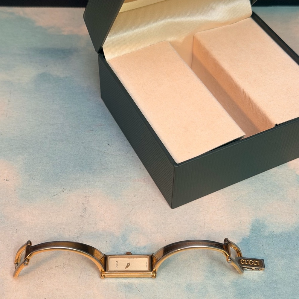 Gucci Gold-Tone Rectangular Watch with Brown Leat… - image 7